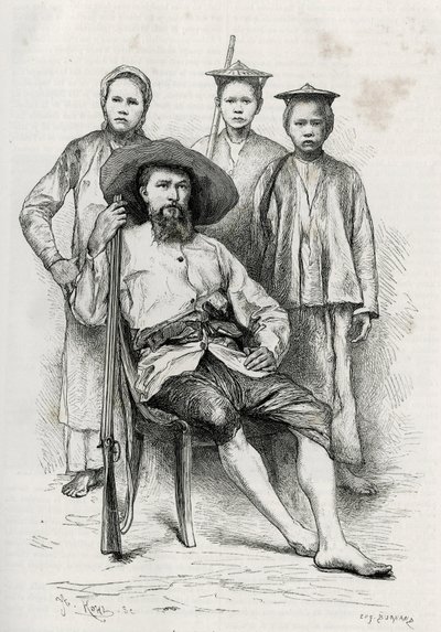 Portret van de auteur, omringd door zijn reisgenoten. Gravure door Eugene Burnand, ter illustratie van het verhaal 
