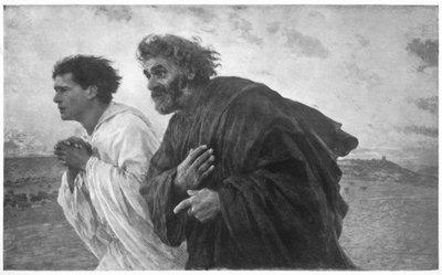 De discipelen Petrus en Johannes rennen naar het graf op de ochtend van de opstanding door Eugene Burnand