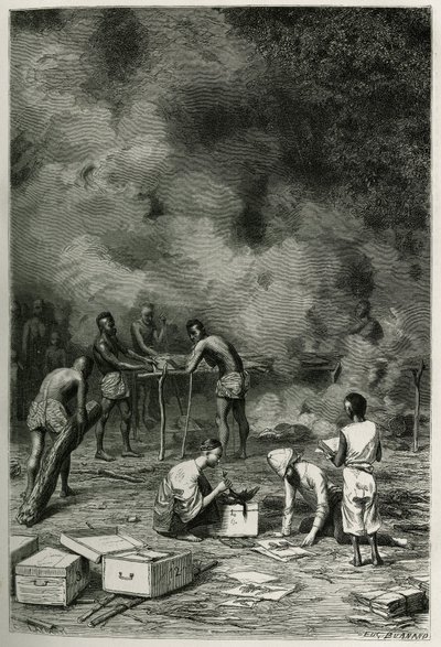 Het drogen van herbariumplanten, op grote bamboekleien, voordat de dokter ze classificeert en in zijn kisten opbergt, gravure door Eugene Burnand, ter illustratie van het verhaal van Laos en de wilde bevolkingen van Indochina door dokter Harmand, in 1877,  door Eugene Burnand