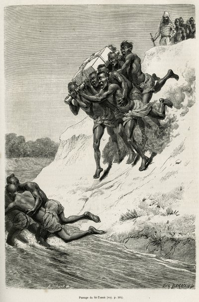 De doorgang van de Riviere Se Touon (Se Touon), op de achtergrond, een portret van de reiziger verteller, gegraveerd naar een tekening van Eugene Burnand, ter illustratie van het verhaal van Laos en de wilde bevolkingen van Indochina, door dokter Harmand,  door Eugene Burnand
