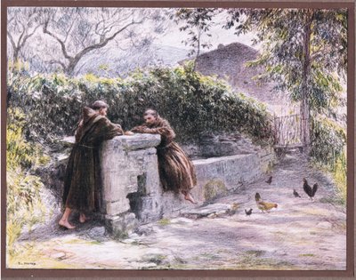 De maaltijd van Sint Franciscus en broeder Masseo bij de fontein. Sint Franciscus prijst armoede door Eugene Burnand