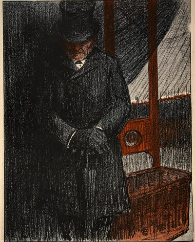 Een begrafenisondernemer wacht op zijn volgende slachtoffer bij de guillotine, illustratie uit 