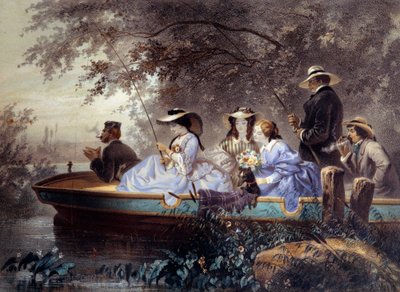 Een zondag met de familie, vissen in de rivier Lithografie door Eugene Guerard (1821-1866) 19e eeuw. Parijs, Musee Carnavalet door Eugene Charles Francois Guerard