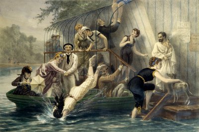 Ah! Het mooie hoofd, een zondag bij het water. Vrouw duikt in een badpak in het water in de 19e eeuw onder het gelach van amuse matrozen. Een vrouw in een boot beschermt zichzelf tegen krassen met haar paraplu. Gravure door Eugene Guerard (1821-1866). Pr door Eugene Charles Francois Guerard