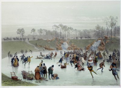 Les skaters au bois de Boulogne Lithografie door Eugene Guerard door Eugene Charles Francois Guerard