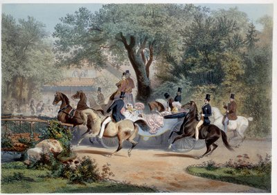 Scène de promenade au Pre Catelan (Pre-Catelan) in Parijs (lithografie door Eugene Guerard (1821-1866)) 19e eeuw door Eugene Charles Francois Guerard