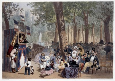 De show van de guignols op de Champs Elysees in Parijs in de 19e eeuw door Eugene Charles Francois Guerard
