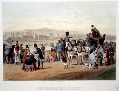 Uitzicht op de renbaan in het Bois de Boulogne Lithografie door Eugene Guerard (1821-1866) 19e eeuw door Eugene Charles Francois Guerard