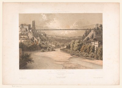 Gezicht op de hangbrug over de Sarine, te Fribourg door Eugene Ciceri