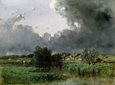 Dorp aan de rand van een vijver, 1849 door Eugene Ciceri