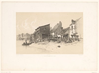 Rivieroever met huizen en watermolen door Eugene Ciceri
