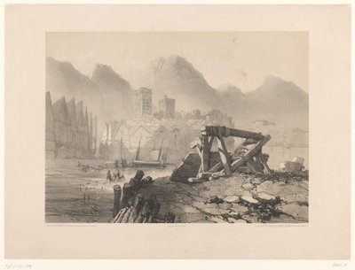 Stadsgezicht met haven en bergen door Eugene Ciceri