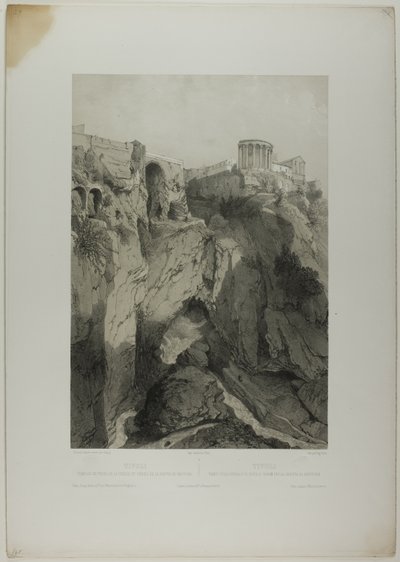 Tivoli: De Tempels van Vesta en de Sibyl, en Ruïnes van de Grot van Neptunus, plaat negentien uit Italie Monumentale et Pittoresque door Eugene Ciceri