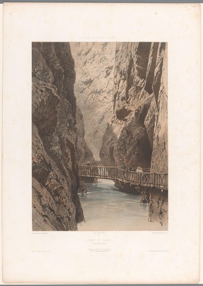 Wandelaars op een brug door de Trientschlucht door Eugene Ciceri