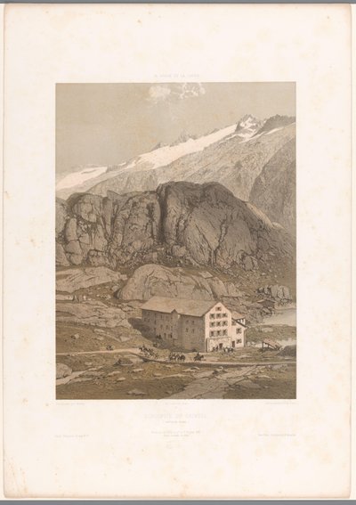 Zicht op het hotel aan de Grimselpas door Eugene Ciceri