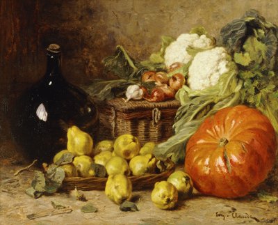 Een stilleven met een wijnkan, een mand, peren, uien, bloemkolen, kool, knoflook en een pompoen door Eugene Claude