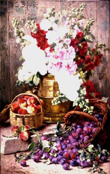 Stilleven met bloemen in een koperen urn en fruit in manden door Eugene Claude
