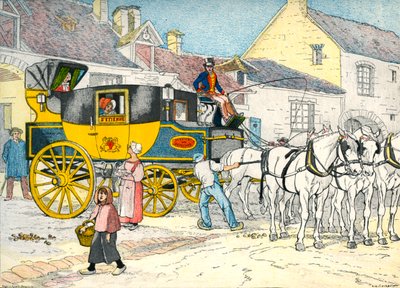 Postkoets bij een koetshuis in 1840 door Eugene Courboin