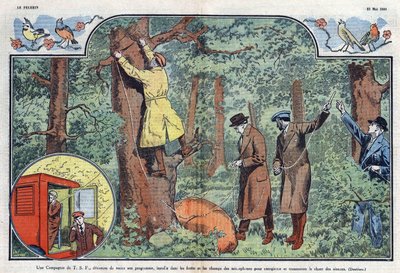Een T.S.F. bedrijf installeert microfoons in de bossen en velden om het gezang van vogels op te nemen en uit te zenden. Illustratie van Damblans in 