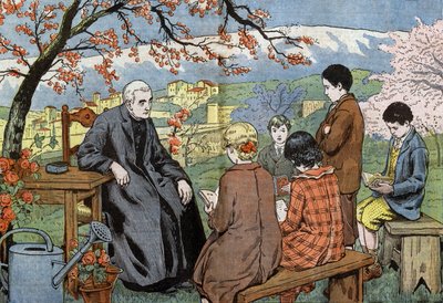 Een priester en toekomstige jongeren die hun communie gaan doen, in een tuin, tekening door Damblans uit papier "Le Pelerin" 17 mei door Eugene Damblans