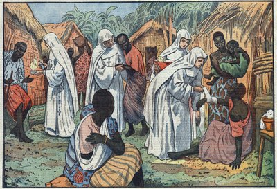 Over de inhuldiging, in het Lateraans Paleis in Rome, van de musea van de Witte Zusters in een dorp in Equatoriaal Afrika waar zij catechismus geven en voor de zieken zorgen. Illustratie van Damblans. In 