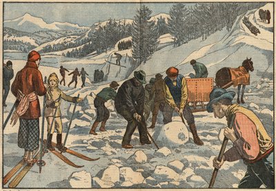 Alpenbewoners verzamelen ijsblokken in de winter voor de zomer. Op de achtergrond beoefenen mannen wintersporten. Illustratie van Damblans. In 