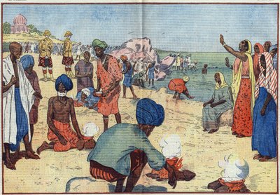 Week van burgerlijke ongehoorzaamheid in India tegen het Britse Rijk: Op Bombay Beach koken Gandhi (1869-1948) en zijn aanhangers zeewater om zout te verkrijgen in strijd met de Gabelle-wet. Vrouwen moedigen hen aan door dit refrein te herhalen: 
