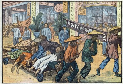 Burgeroorlog tussen nationalisten en communisten in China: na de communistische onrust in Canton worden de lijken van de slachtoffers op karren gestapeld. Illustratie van Damblans. In 