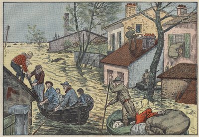 Overstromingen in Louisiana (VS): Voor de dreigende golven van de Mississippi worden boeren en trappers gedwongen hun huizen en velden te verlaten. Illustratie van Damblans. In "Le Pèlerin" van 15 mei door Eugene Damblans