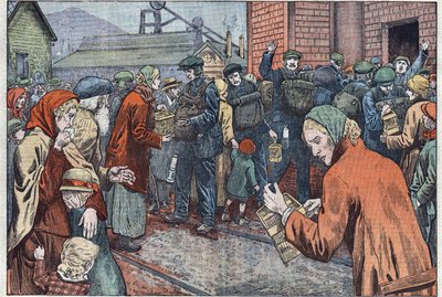 Na de explosie in de Cwn-mijn (Wales) brachten de vrouwen van de mijnwerkers hun kanaries om de firedamp te redden. Illustratie van Damblans. In 