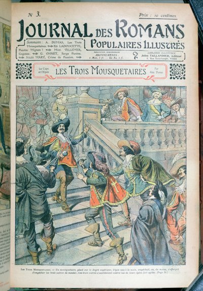 Omslag van een serialisatie van De Drie Musketiers door Alexandre Dumas pere door Eugene Damblans