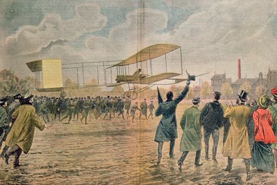 Henri Farman (1874-1958) in Issy-les-Moulineaux in zijn vliegtuig de Voisin-Farman 1, illustratie uit 