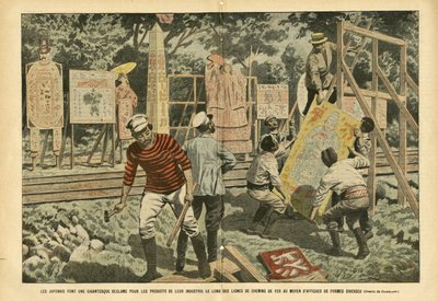 Illustratie door Eugene Damblans (1865-1945) in Le Pelerin, 03/09/05 - De Japanners maken een gigantische claim voor de producten van hun industrie langs spoorlijnen met posters van verschillende vormen - Reclame, Japan, Spoorweg Trein, Posters door Eugene Damblans