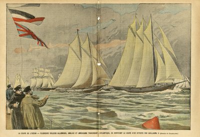 Illustratie door Eugene Damblans (1865-1945) in Le Pelerin, 04/06/05 - De oceaanbeker. Verschillende Duitse, Engelse en Amerikaanse zeilboten steken de Atlantische Oceaan over, concurrerend voor de gouden beker aangeboden door Wilhelm II - Duitsland, Sport door Eugene Damblans