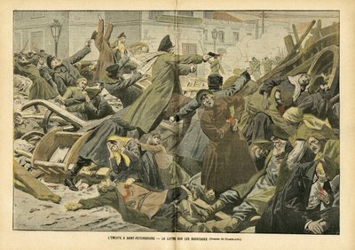 Illustratie door Eugene Damblans (1865-1945) in Le Pelerin, 05/02/05 - De opstand in Sint-Petersburg. De strijd op de barricades door Eugene Damblans