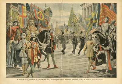 Illustratie door Eugene Damblans (1865-1945) in Le Pelerin, 06/08/05 - Ter gelegenheid van de 70e verjaardag van de Belgische onafhankelijkheid, trekken prachtige historische stoeten door de stad Brussel - België, Geschiedenis, Vlaggen, Brussel, Herdenking door Eugene Damblans