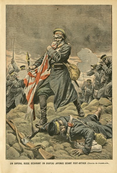 Illustratie van Eugene Damblans (1865-1945) in Le Pelerin, 01/01/05 - Een Russische korporaal scheurt een Japanse vlag voor Port Arthur - Rusland, Japan, Port Arthur, Russisch-Japanse Oorlog, Gevechten, Geweer - Soldaten, Korporaal door Eugene Damblans