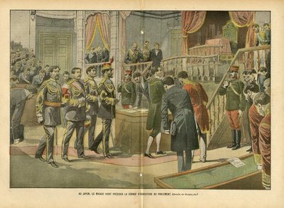 Illustratie van Eugene Damblans (1865-1945) in Le Pelerin, 03/04/04 - In Japan, Mikado die de openingssessie van het parlement voorzit - Japan, Huis van Afgevaardigden, Mikado, Interne Architectuur door Eugene Damblans