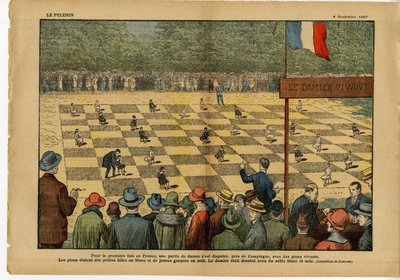 Illustratie van Eugene Damblans (1865-1945) in Le Pelerin, 04/09/27 - Voor het eerst in Frankrijk, een spel van dames... Live Dambord - Spel, Hobby