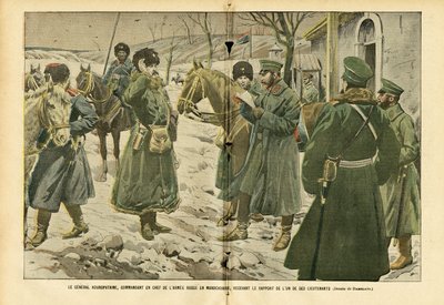 Illustratie van Eugene Damblans (1865-1945) in Le Pelerin, 05/03/05 - Generaal Koeropatkin, opperbevelhebber van het Russische leger in Mantsjoerije, ontvangt het rapport van een van zijn luitenants - Rusland, Leger, Mantsjoerije, Russisch-Japanse Oorlog,  door Eugene Damblans