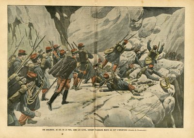 Illustratie van Eugene Damblans (1865-1945) in Le Pelerin, 06/03/04 - Een lawine, bij de Pare-pas, in de Alpen, veroorzaakt verschillende doden bij de 157e Infanterie - Diverse feiten, Leger, Bergbeklimmen, Infanterie, Alpen, Lawine door Eugene Damblans
