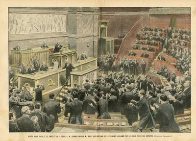 Illustratie van Eugene Damblans (1865-1945) in Le Pelerin, 06/11/04 - Na het beledigen van de paus en het kruis, beledigde M. Combes M. Ribot die van het podium afdaalde, toegejuicht door tweederde van de afgevaardigden - Kamer van Afgevaardigden, Gevechte door Eugene Damblans