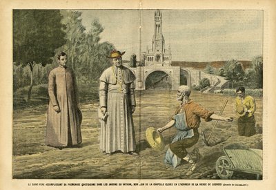 Illustratie van Eugene Damblans (1865-1945) in Le Pelerin, 20/08/05 - De Heilige Vader maakt zijn dagelijkse wandeling in de tuinen van het Vaticaan, niet ver van de kapel die is opgericht ter ere van de Maagd van Lourdes - Religie Geloof, Landbouw, Vatica door Eugene Damblans