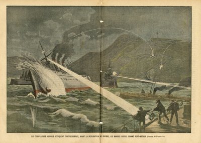 Illustratie van Eugene Damblans (1865-1945) in Le Pelerin, 21/02/04 - Japanse torpedo-aanval op Russische schepen voor de oorlogsverklaring - Rusland, Japan, Maritiem Marine Kust, Port Arthur, Russisch-Japanse Oorlog, Oorlogsschepen door Eugene Damblans