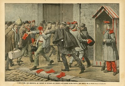 Illustratie van Eugene Damblans (1865-1945) in Le Pelerin, 22/10/05 - In Saint-Etienne werden twee anarchisten die probeerden antimilitaristische kleding uit te delen aan dienstplichtigen gearresteerd door de politie - Antimilitarisme, Anarchisme, Leger, P door Eugene Damblans