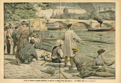 Illustratie van Eugene Damblans (1865-1945) in Le Pelerin, 23/06/05 - In de zomer overspoelen veel Parijzenaars de oevers van de Seine en gooien hun lijn uit en... vangen niets door Eugene Damblans