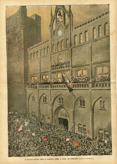 Illustratie van Eugene Damblans (1865-1945) in Le Pelerin, 23/06/07 - Dokter Ferroul, burgemeester van Narbonne, geeft het signaal van de ontslagen - Sociaal, Stedelijke Architectuur, Wijn, Opstanden, Wijncrisis Wijngaard Revolte van de wijnboeren, Narbonn door Eugene Damblans