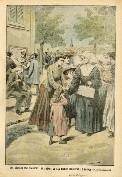 Illustratie van Eugene Damblans (1865-1945) in Le Pelerin, 24/07/04 - Decreten die broeders en zusters verdrijven verontwaardigen het volk door Eugene Damblans