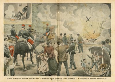 Illustratie van Eugene Damblans (1865-1945) in Le Pelerin, 25/09/04 - In Gracay verbranden criminelen een standbeeld van de maagd - Het beeld van de Place de la Republique wordt opgeblazen, een Christus van school wordt schandelijk ontheiligd in Caulnes -  door Eugene Damblans