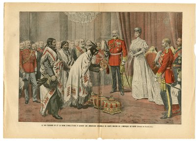 Illustratie van Eugene Damblans (1865-1945) in Le Pelerin, 26/08/06 - Koning Edward en Koningin van Engeland... - Amerika VS VS, Engeland Groot-Brittannië, Officieel Bezoek - Edward VII (1841-1910), Victoria, Indianen van Amerindians door Eugene Damblans